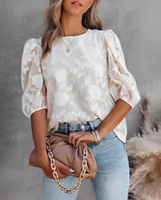 Blouse met Pofmouwen Dames – Witte Chiffon Top met Bloemen & Ronde Hals | Fiona