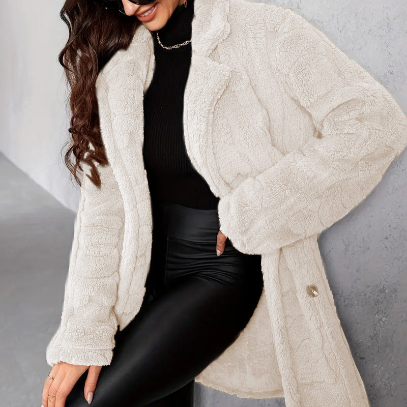 Oversized dames winterjas – zwarte fleecejas met brede revers en warme fit
