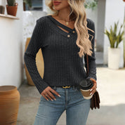 Effen Casual Damesblouse – V-Hals Blouse met Knoopdetails en Lange Mouwen