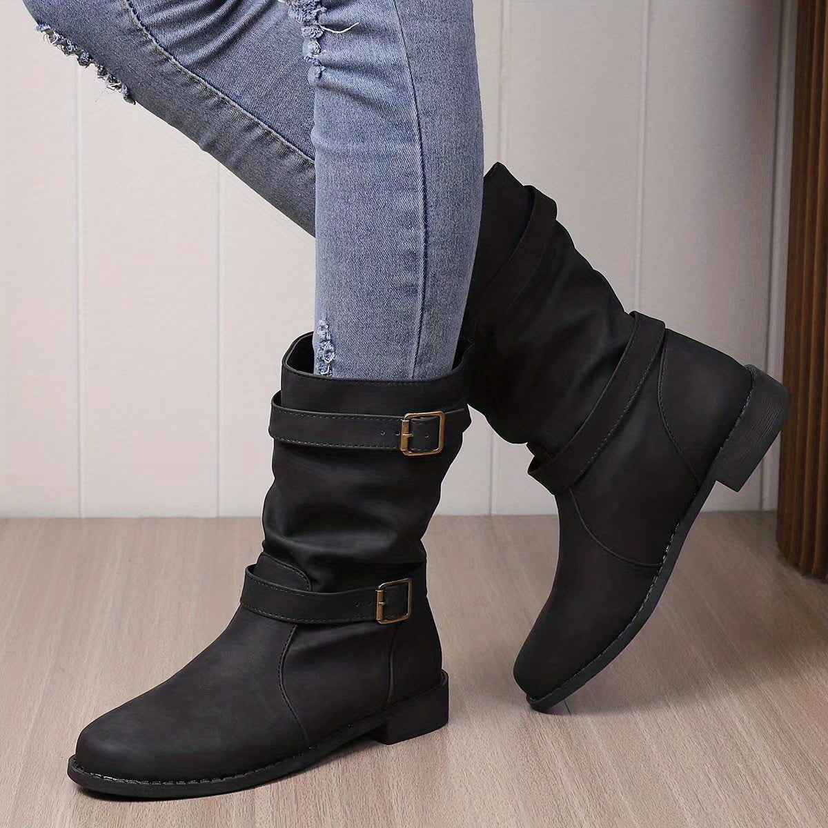 Vintage Charme Slouchy Western Enkellaarsjes – Trendy Laarzen met Gespdetail