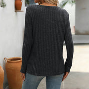 Effen Casual Damesblouse – V-Hals Blouse met Knoopdetails en Lange Mouwen
