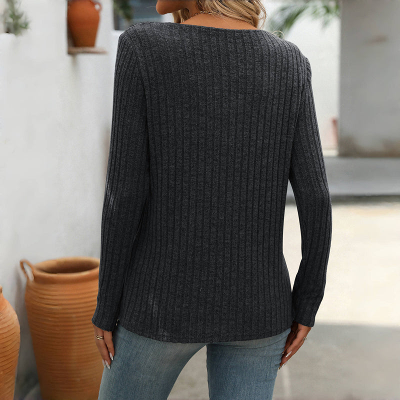 Effen Casual Damesblouse – V-Hals Blouse met Knoopdetails en Lange Mouwen