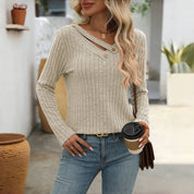 Effen Casual Damesblouse – V-Hals Blouse met Knoopdetails en Lange Mouwen