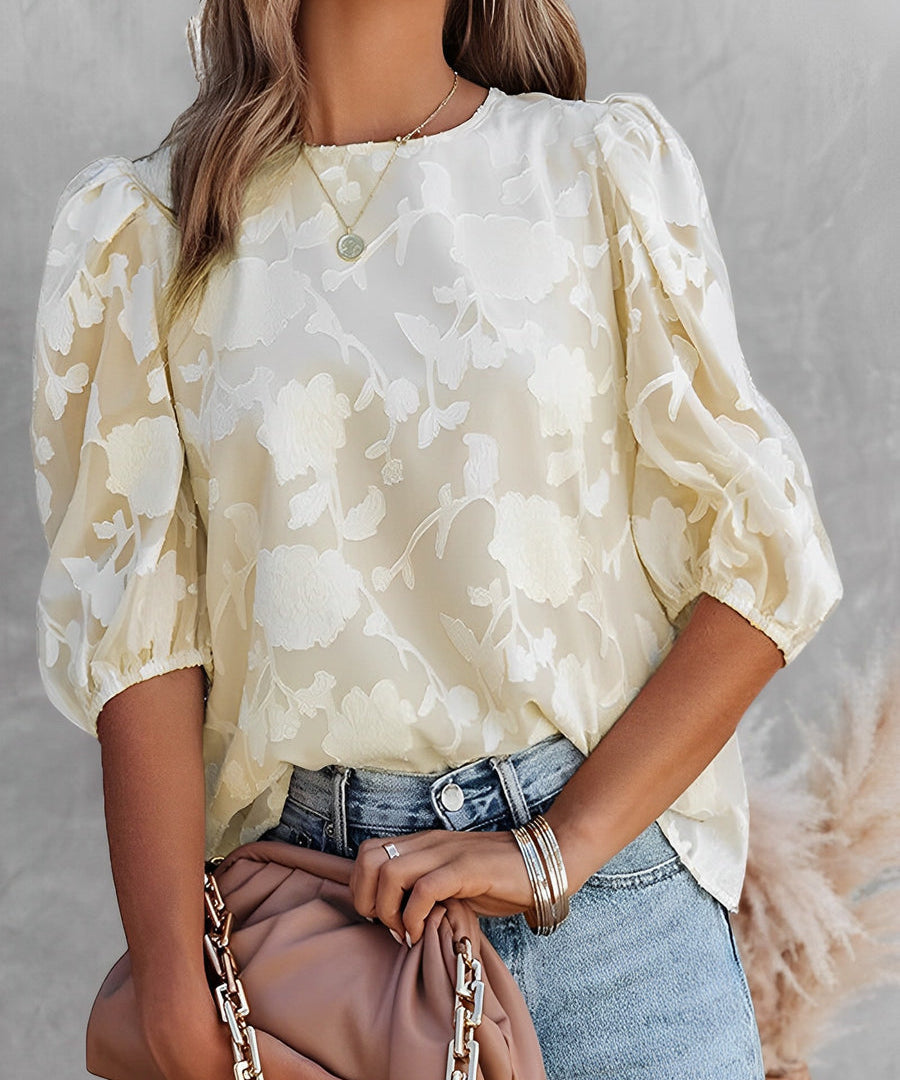 Blouse met Pofmouwen Dames – Witte Chiffon Top met Bloemen & Ronde Hals | Fiona