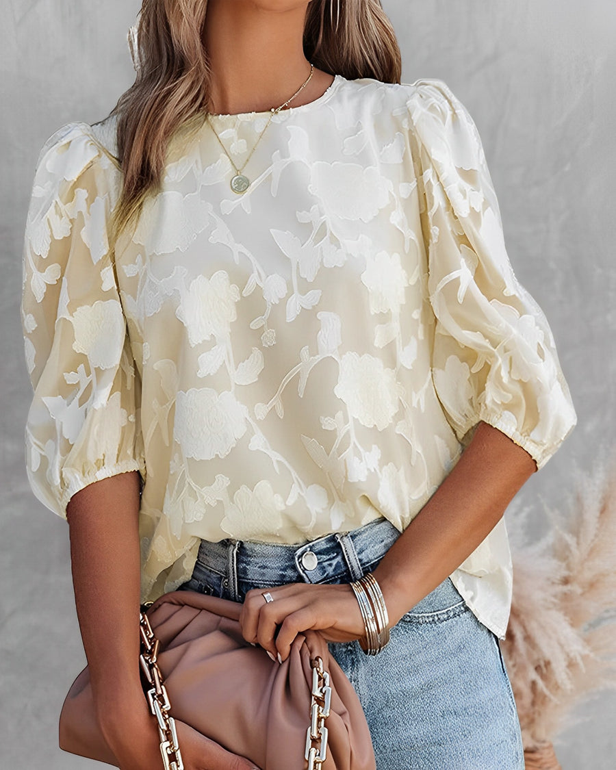 Blouse met Pofmouwen Dames – Witte Chiffon Top met Bloemen & Ronde Hals | Fiona
