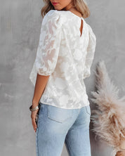 Blouse met Pofmouwen Dames – Witte Chiffon Top met Bloemen & Ronde Hals | Fiona