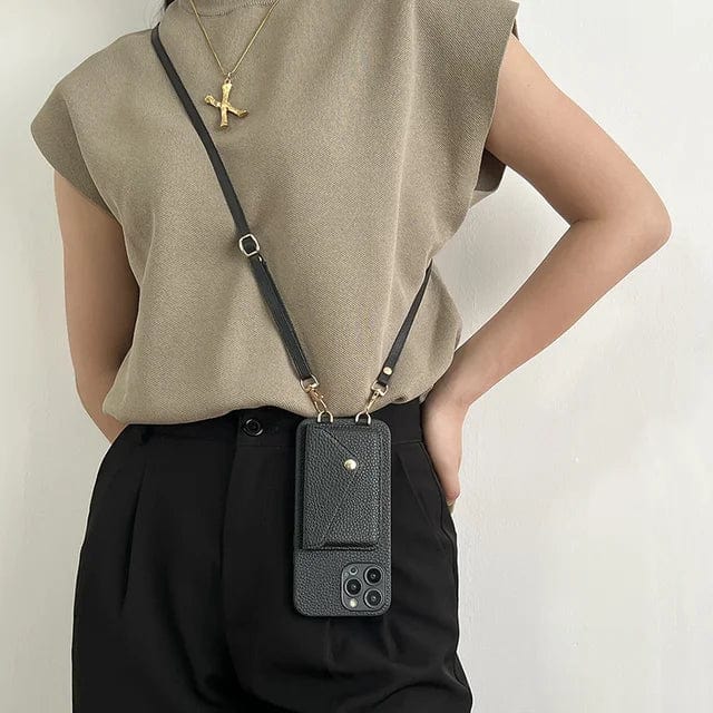 Leren crossbody telefoonhoesje dames – hoes met pasjeshouder en afneembare schouderriem