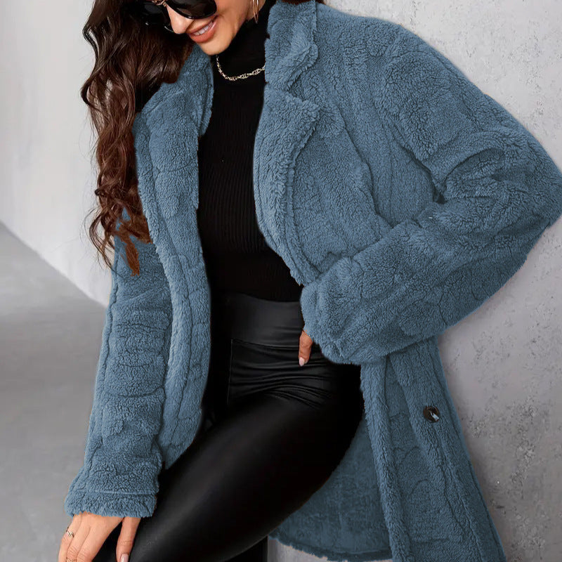 Oversized dames winterjas – zwarte fleecejas met brede revers en warme fit