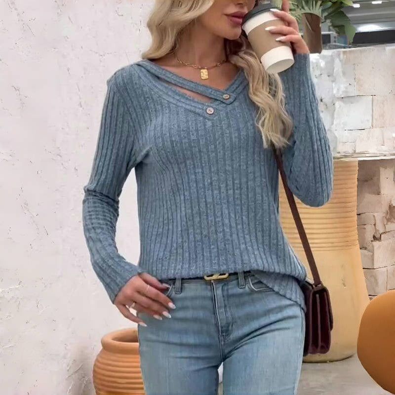 Effen Casual Damesblouse – V-Hals Blouse met Knoopdetails en Lange Mouwen
