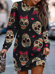 Mini Jurk Dames – Gebreide Jurk met Digitale Print en Lange Mouwen