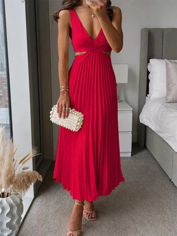 Elegante dames jurk – maxi jurk met V-hals, plissé rok en cut-out taille