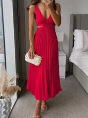 Elegante dames jurk – maxi jurk met V-hals, plissé rok en cut-out taille