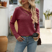 Effen Casual Damesblouse – V-Hals Blouse met Knoopdetails en Lange Mouwen