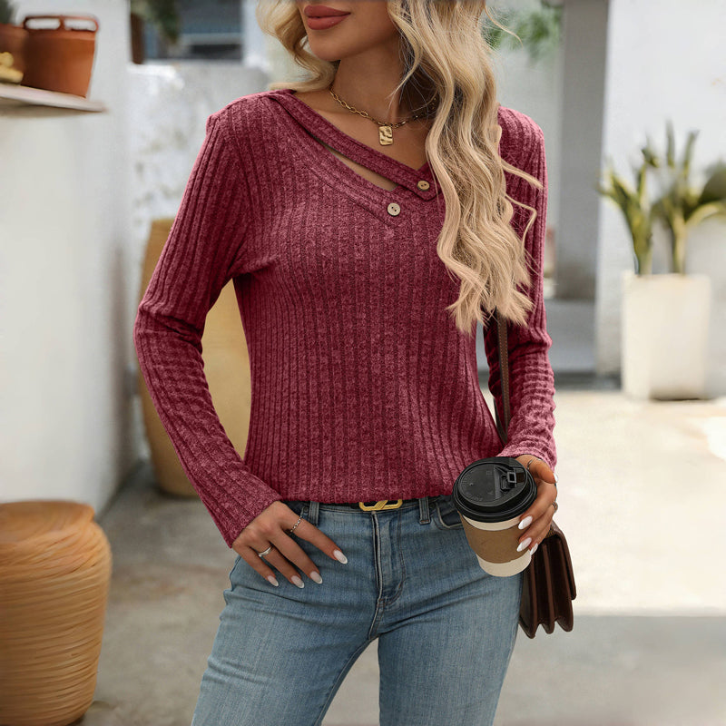 Effen Casual Damesblouse – V-Hals Blouse met Knoopdetails en Lange Mouwen