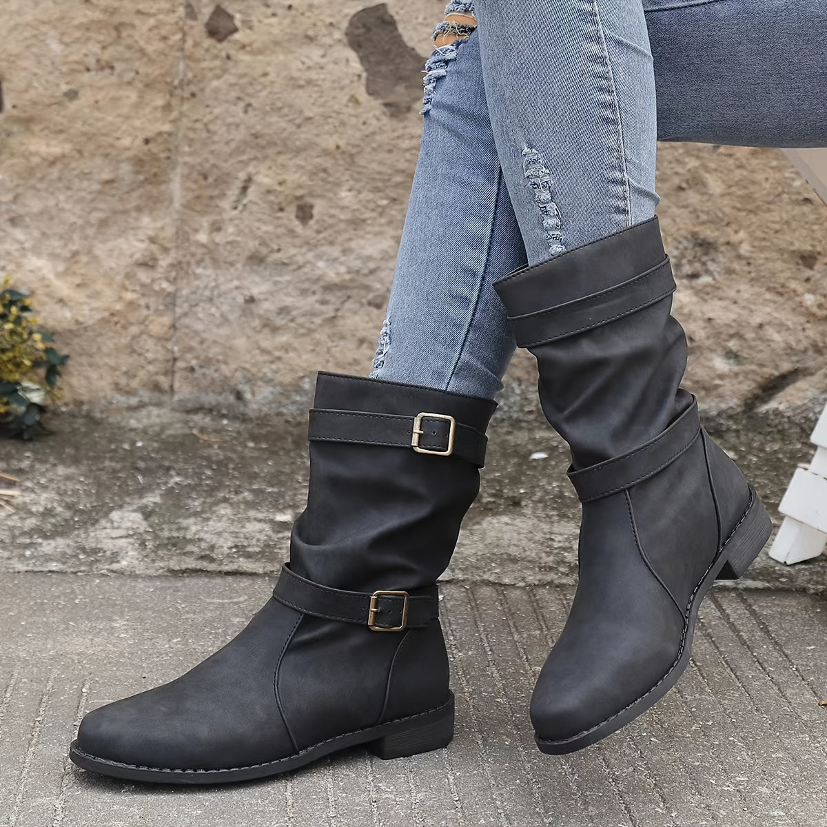 Vintage Charme Slouchy Western Enkellaarsjes – Trendy Laarzen met Gespdetail