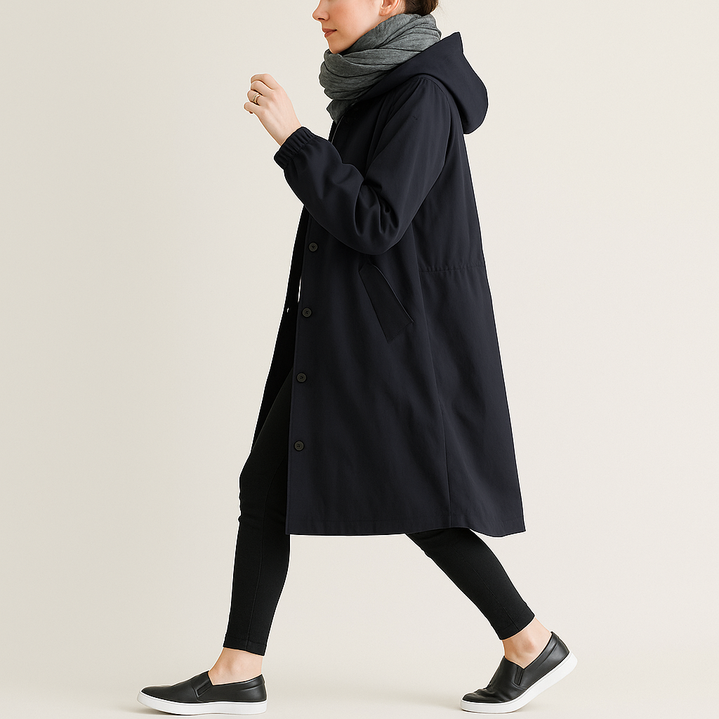 Elegante waterdichte regenmantel dames – driekwart jas met capuchon en ceintuur