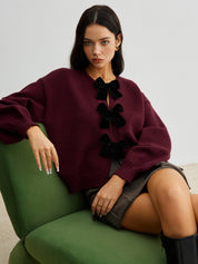 LUCILLE dames gebreide herfsttrui met velvet strik & lantern mouwen