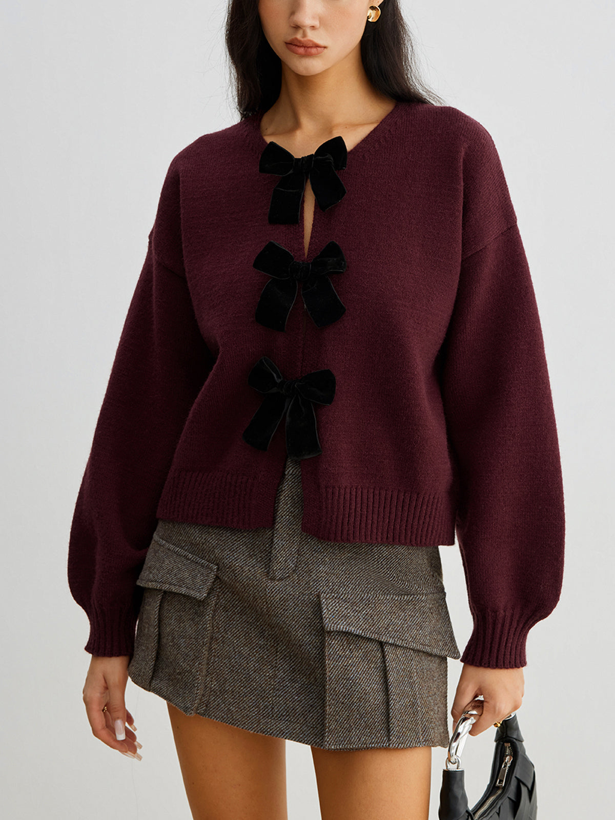 LUCILLE dames gebreide herfsttrui met velvet strik & lantern mouwen