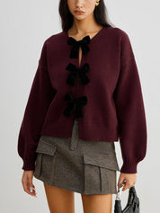 LUCILLE dames gebreide herfsttrui met velvet strik & lantern mouwen