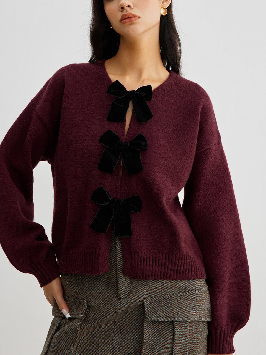 LUCILLE dames gebreide herfsttrui met velvet strik & lantern mouwen