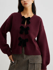 LUCILLE dames gebreide herfsttrui met velvet strik & lantern mouwen