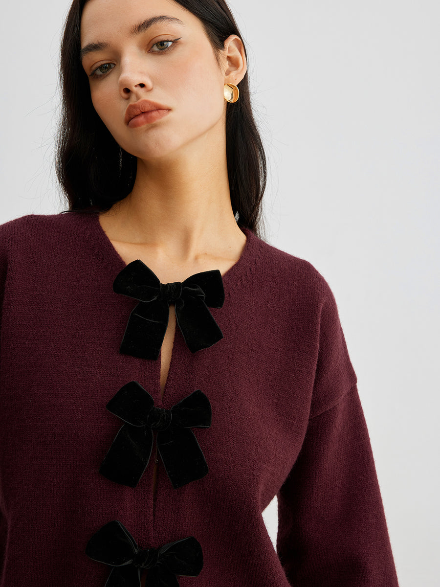 LUCILLE dames gebreide herfsttrui met velvet strik & lantern mouwen
