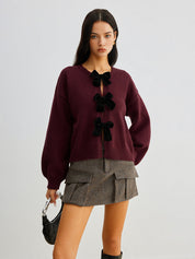 LUCILLE dames gebreide herfsttrui met velvet strik & lantern mouwen