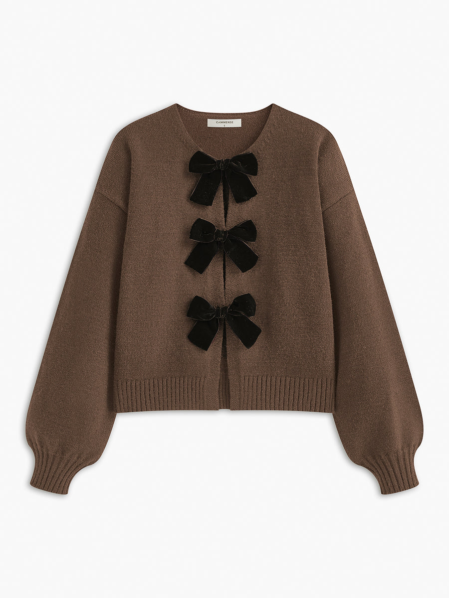 LUCILLE dames gebreide herfsttrui met velvet strik & lantern mouwen