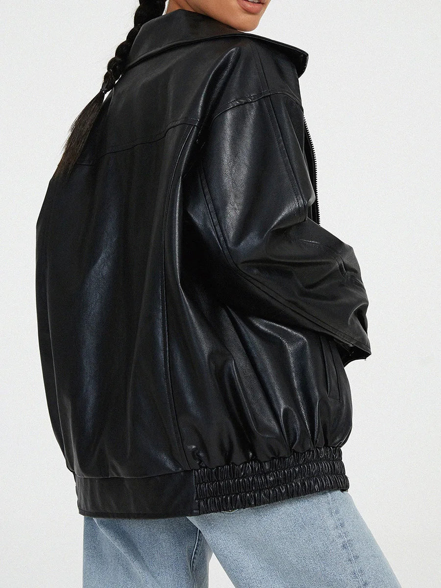 Oversized leren bomberjack dames – relaxed fit jas met rits en elastische boorden