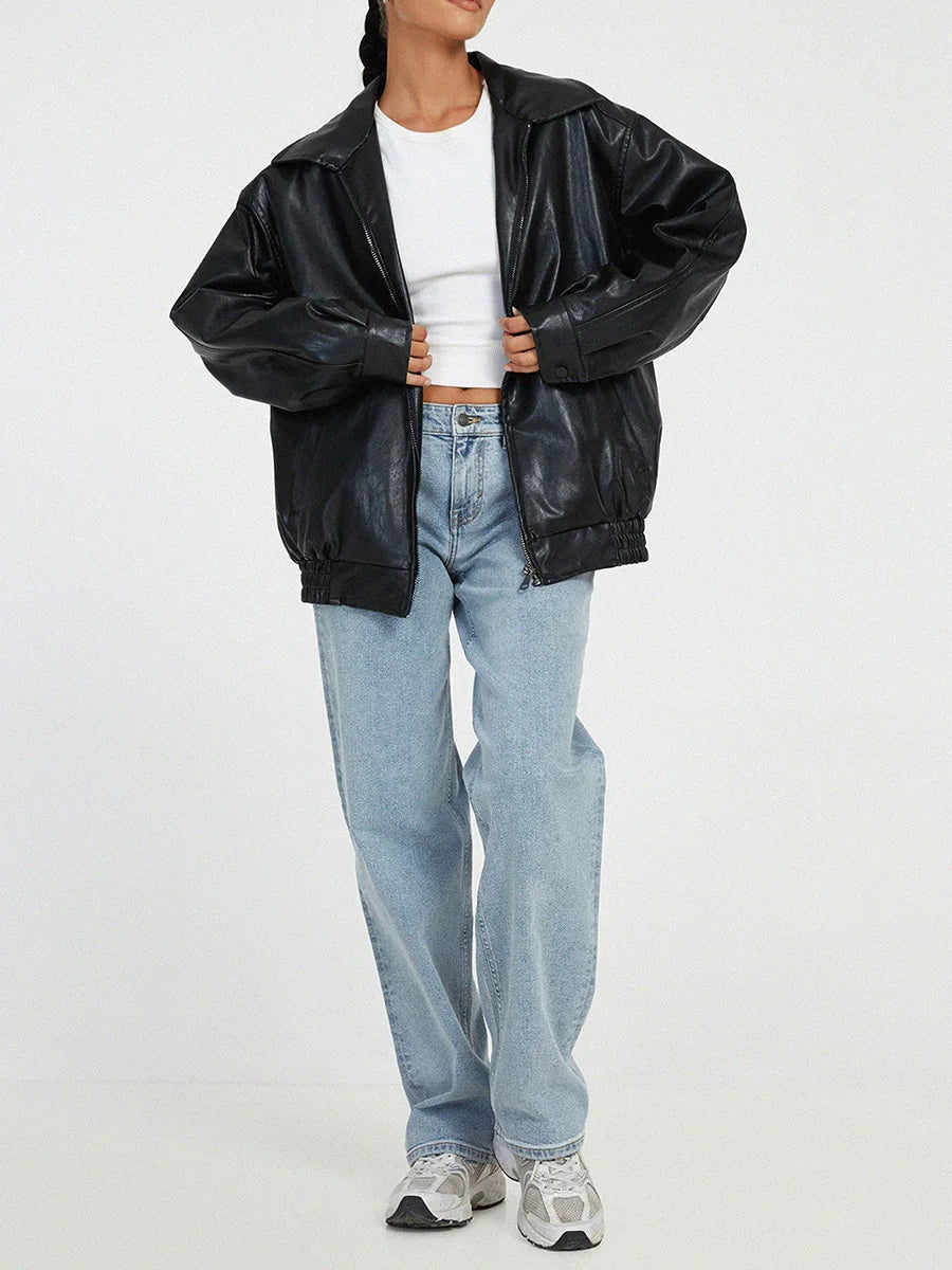 Oversized leren bomberjack dames – relaxed fit jas met rits en elastische boorden