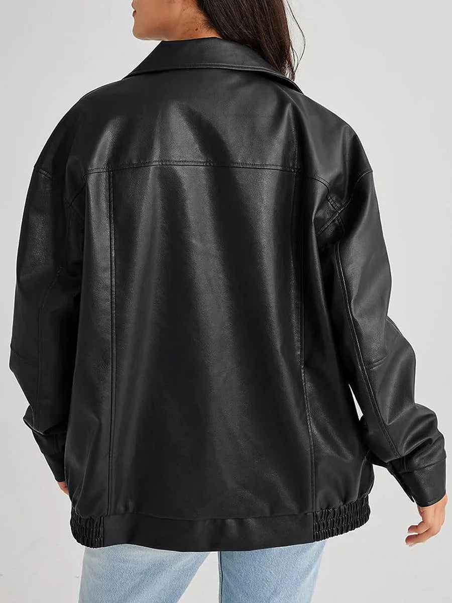 Oversized leren bomberjack dames – relaxed fit jas met rits en elastische boorden