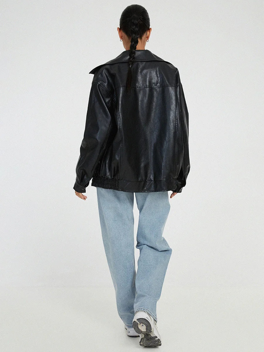 Oversized leren bomberjack dames – relaxed fit jas met rits en elastische boorden