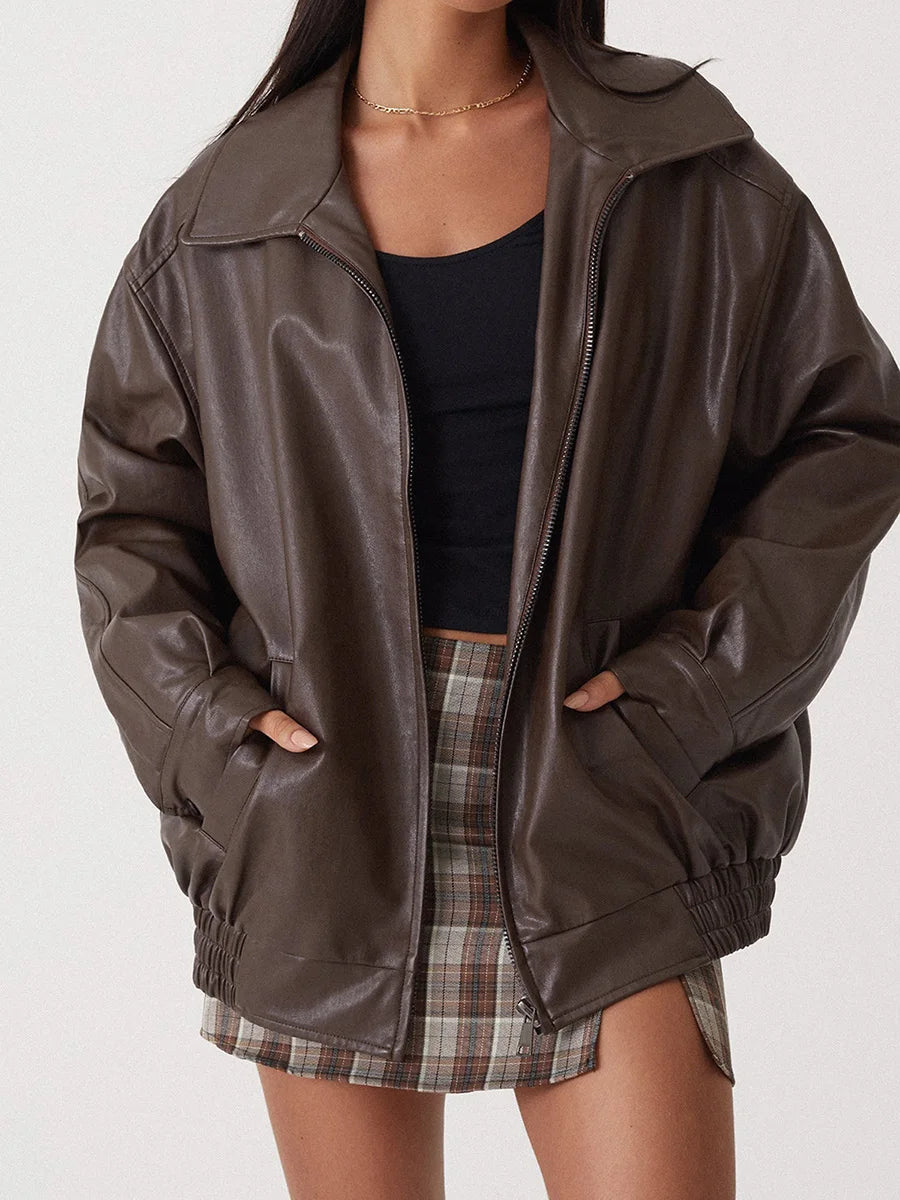 Oversized leren bomberjack dames – relaxed fit jas met rits en elastische boorden