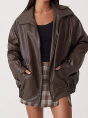 Oversized leren bomberjack dames – relaxed fit jas met rits en elastische boorden