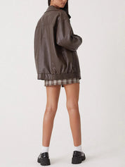 Oversized leren bomberjack dames – relaxed fit jas met rits en elastische boorden