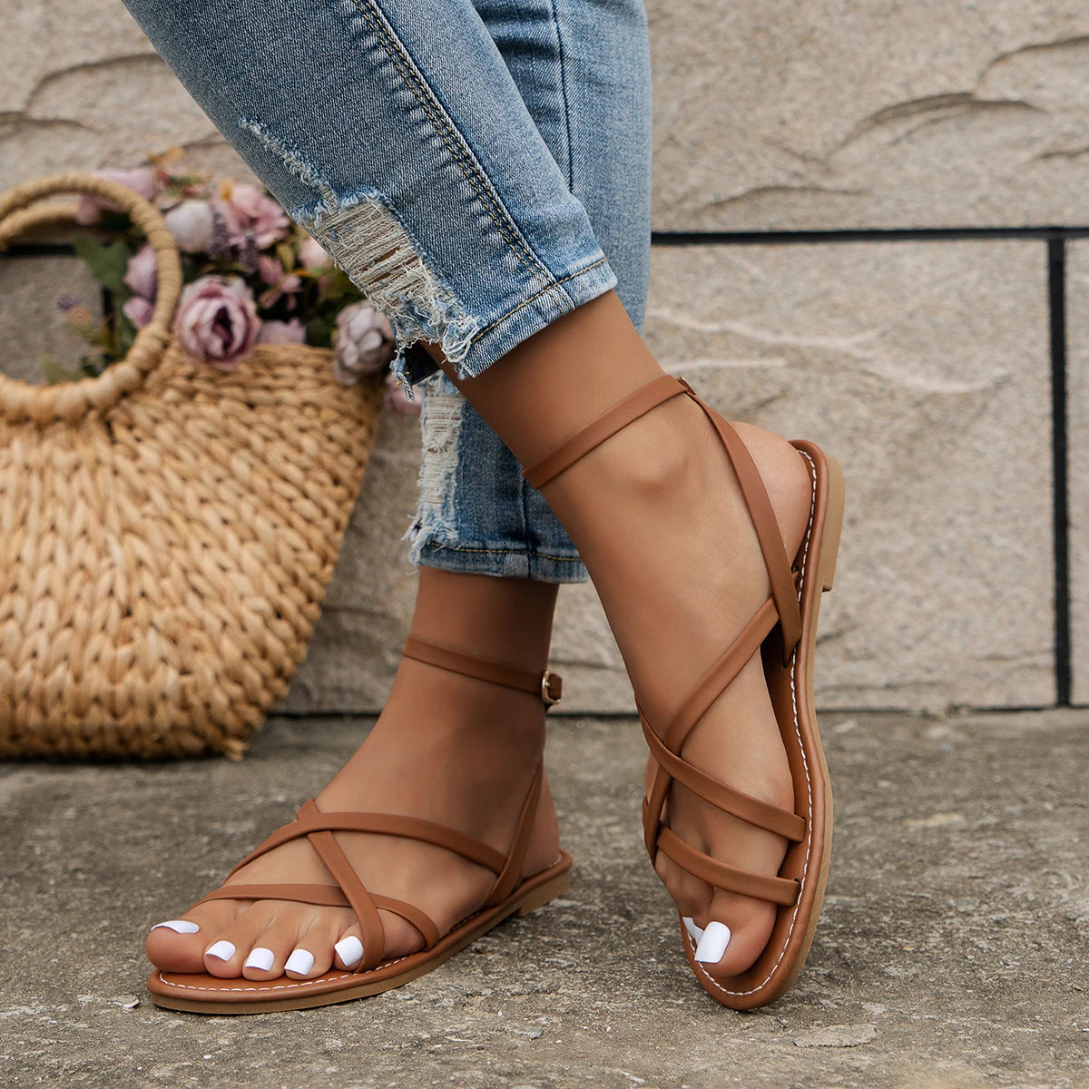 Dames sandalen met bandjes – Romeinse stijl sandalen met rits en platte zool