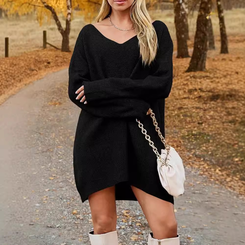 Dames mini jurk ribgebreid – V-hals, oversized relaxed fit & lange mouw