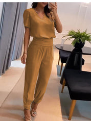 UrbanElegance dames set – blouse met pofmouwen & broek met elastische taille