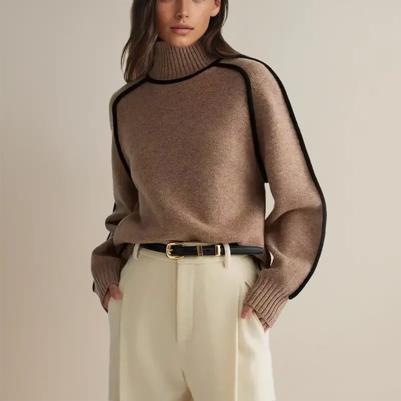Dames Pullover Trui sweater | Relaxed Fit | Mocknek | Ribboorden & Pipingdetails