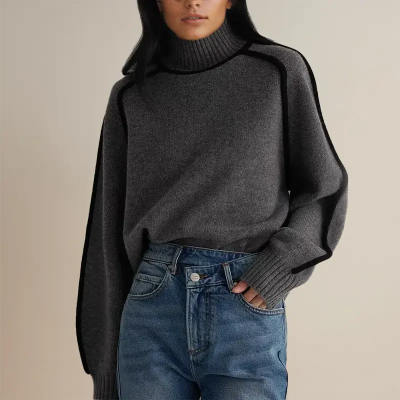 Dames Pullover Trui sweater | Relaxed Fit | Mocknek | Ribboorden & Pipingdetails