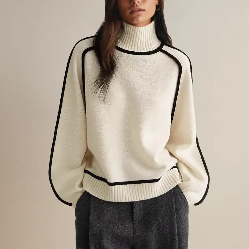 Dames Pullover Trui sweater | Relaxed Fit | Mocknek | Ribboorden & Pipingdetails