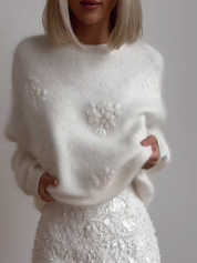 Dames Sweatshirt Trui | Oversized Pasvorm | Jacquard Bloemenpatroon | Wolmix