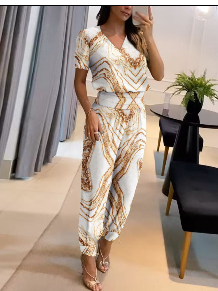 UrbanElegance dames set – blouse met pofmouwen & broek met elastische taille