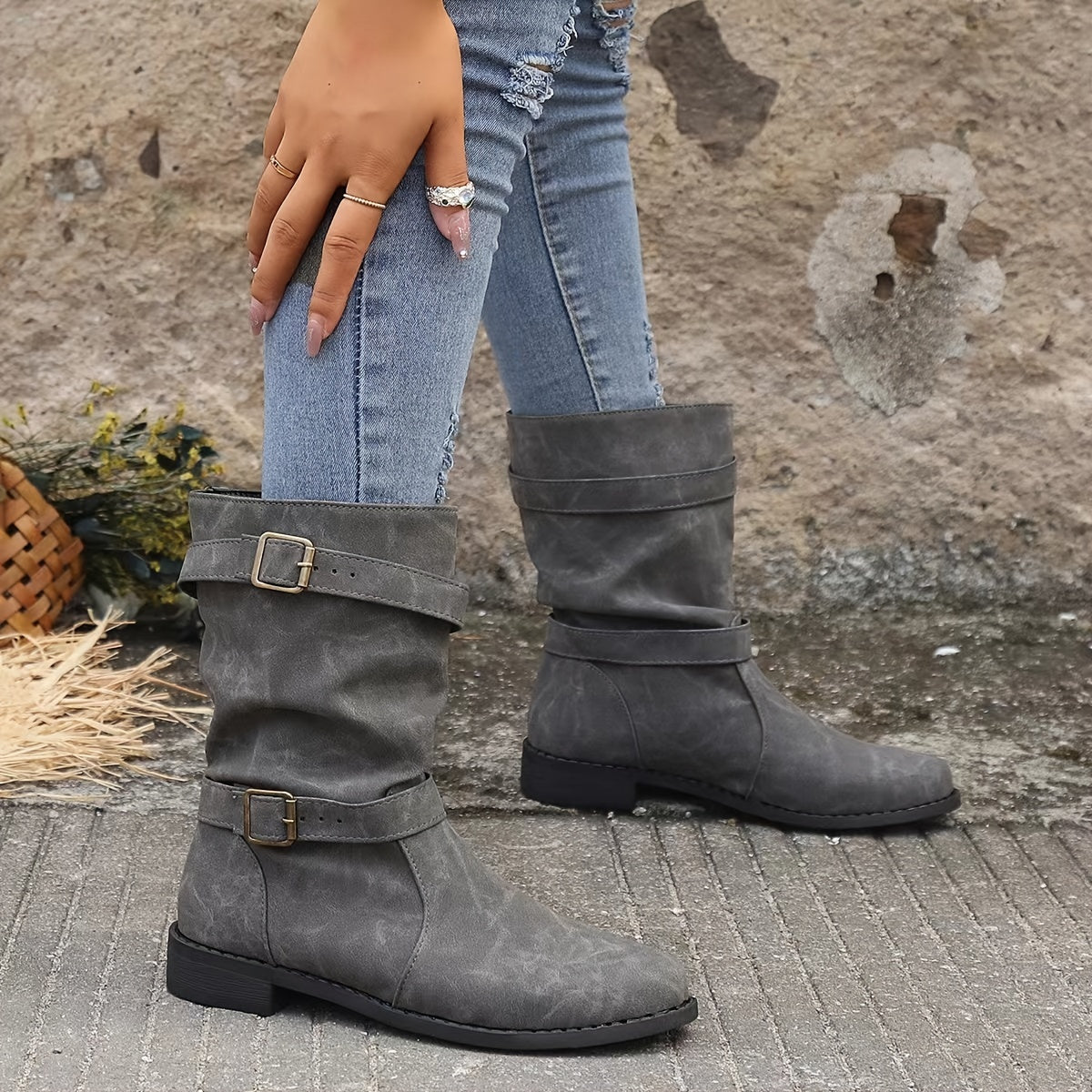Vintage Charme Slouchy Western Enkellaarsjes – Trendy Laarzen met Gespdetail