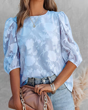 Blouse met Pofmouwen Dames – Witte Chiffon Top met Bloemen & Ronde Hals | Fiona