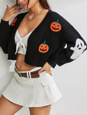 Halloween Vest Dames – Gebreid V-Hals Vest met Geborduurde Motieven