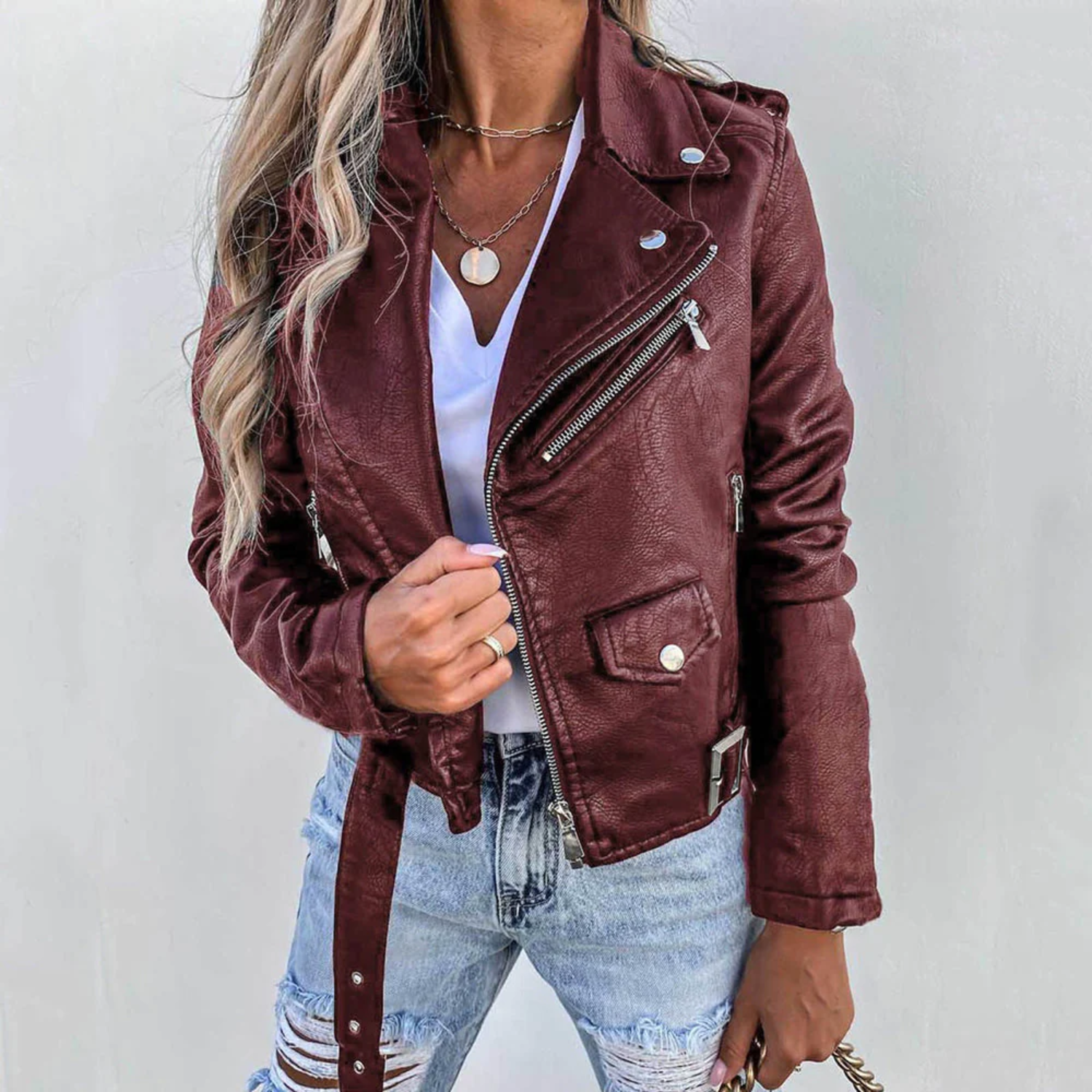 Eva – Stijlvolle dames leren jas met voering & rits | Luxe bikerjack in zwart of rood