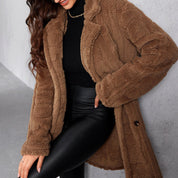 Oversized dames winterjas – zwarte fleecejas met brede revers en warme fit