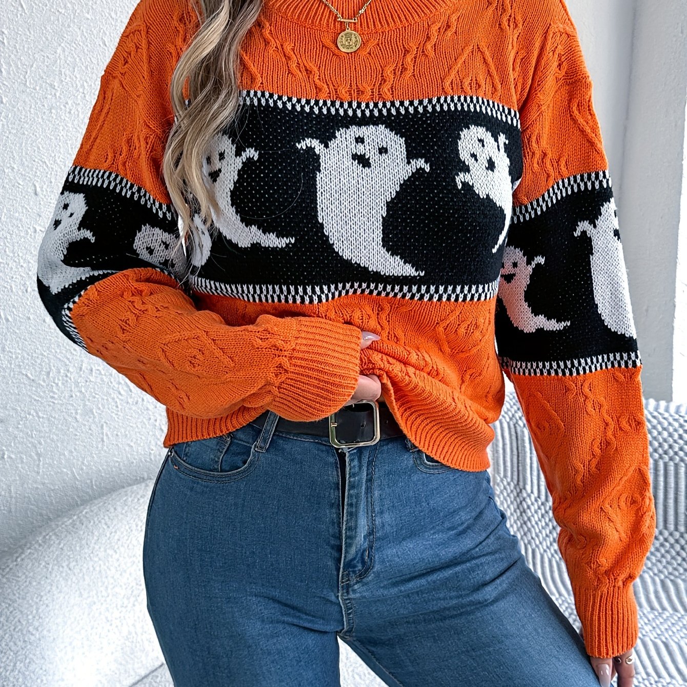 Halloween Trui Dames – Gebreide Trui met Spookmotieven in Zwart & Grijs