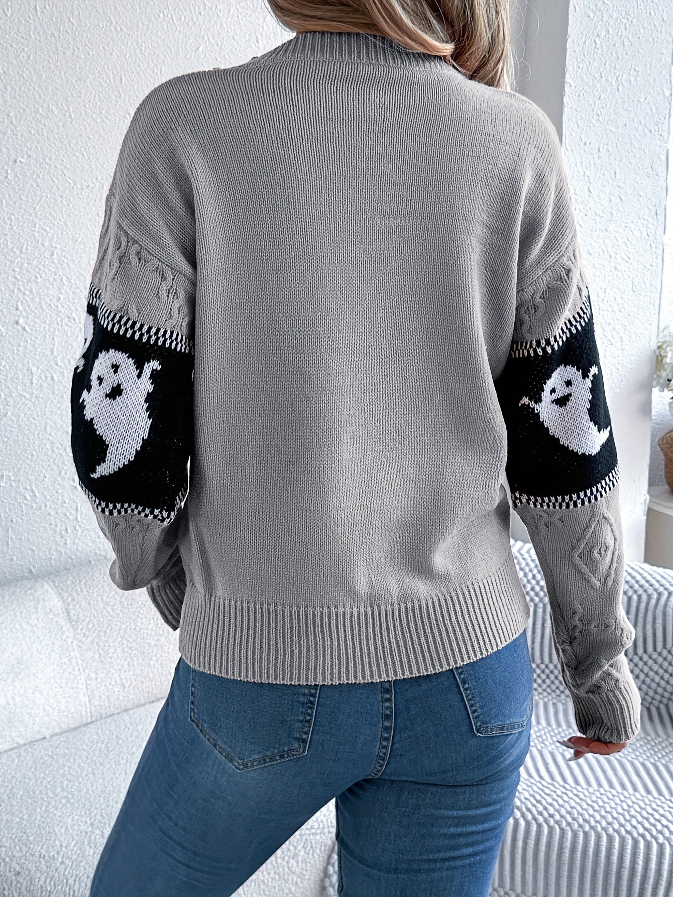 Halloween Trui Dames – Gebreide Trui met Spookmotieven in Zwart & Grijs